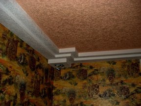Потолок с многоуровневой окантовкой, отделанный штукатуркой короед